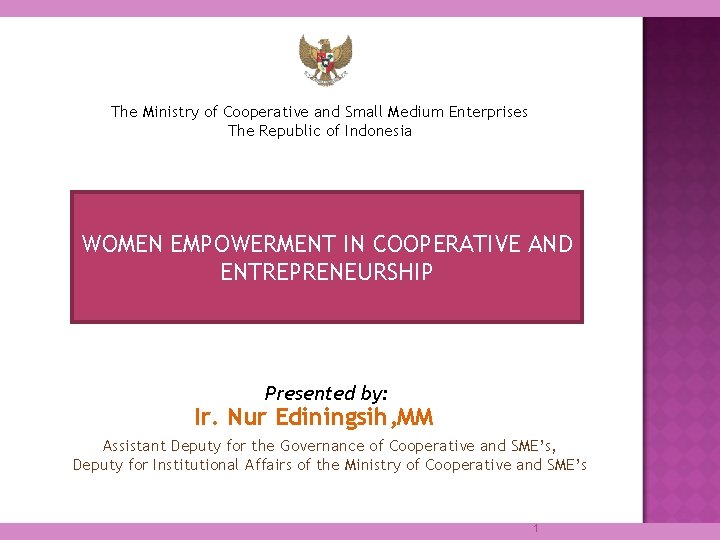 The Ministry of Cooperative and Small Medium Enterprises The Republic of Indonesia WOMEN EMPOWERMENT