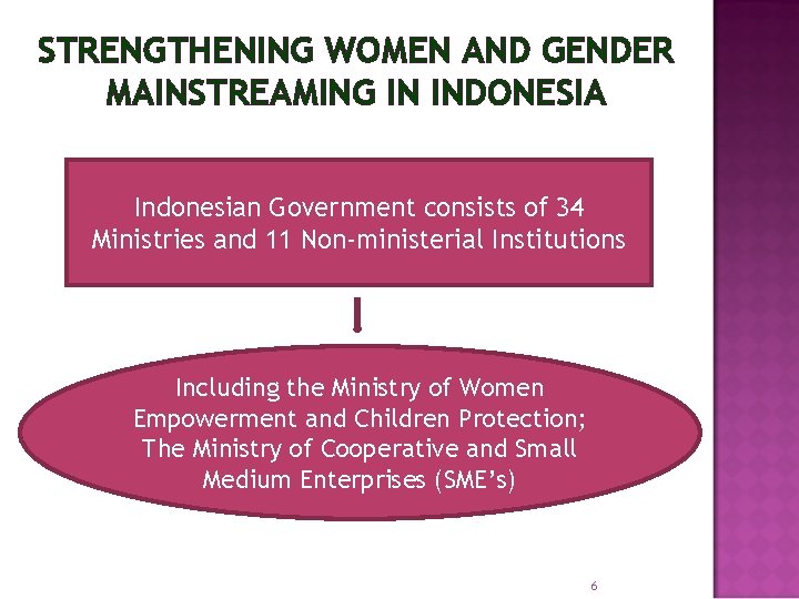 STRENGTHENING WOMEN AND GENDER MAINSTREAMING IN INDONESIA Indonesian Government consists of 34 Ministries and