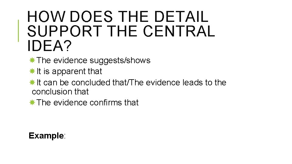 HOW DOES THE DETAIL SUPPORT THE CENTRAL IDEA? The evidence suggests/shows It is apparent