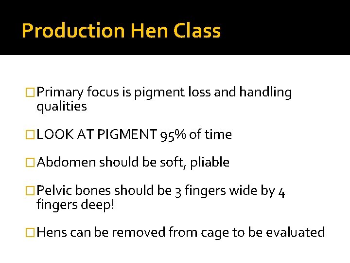 Production Hen Class �Primary focus is pigment loss and handling qualities �LOOK AT PIGMENT Production Hen Class �Primary focus is pigment loss and handling qualities �LOOK AT PIGMENT