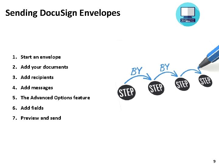 Sending Docu. Sign Envelopes 1. Start an envelope 2. Add your documents 3. Add