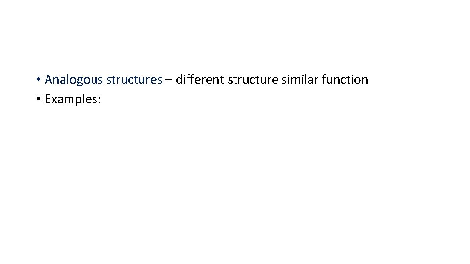  • Analogous structures – different structure similar function • Examples: 