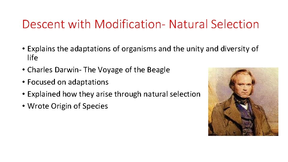 Descent with Modification- Natural Selection • Explains the adaptations of organisms and the unity