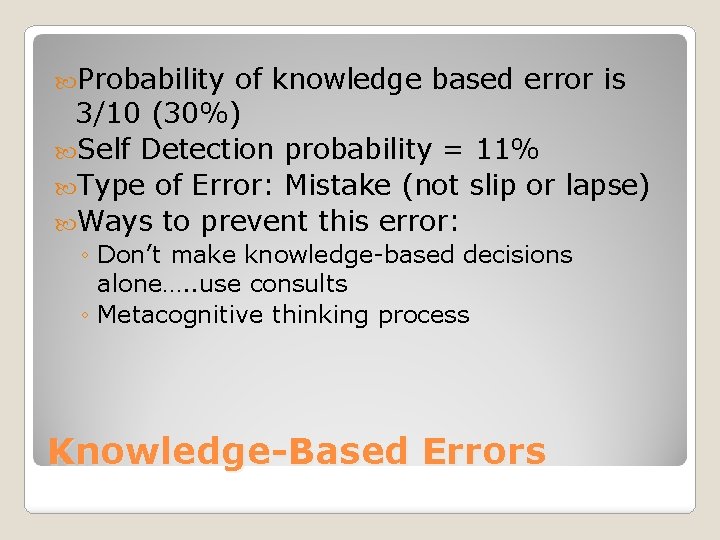  Probability of knowledge based error is 3/10 (30%) Self Detection probability = 11%