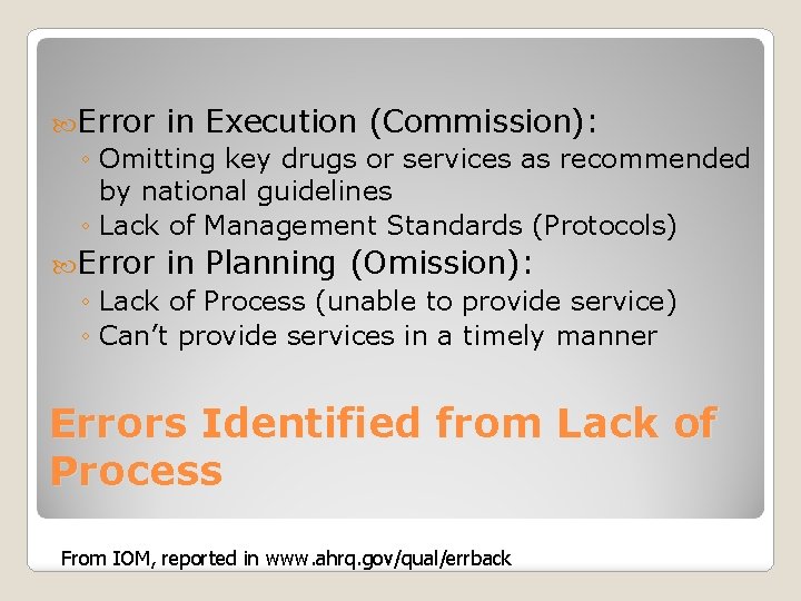  Error in Execution (Commission): ◦ Omitting key drugs or services as recommended by