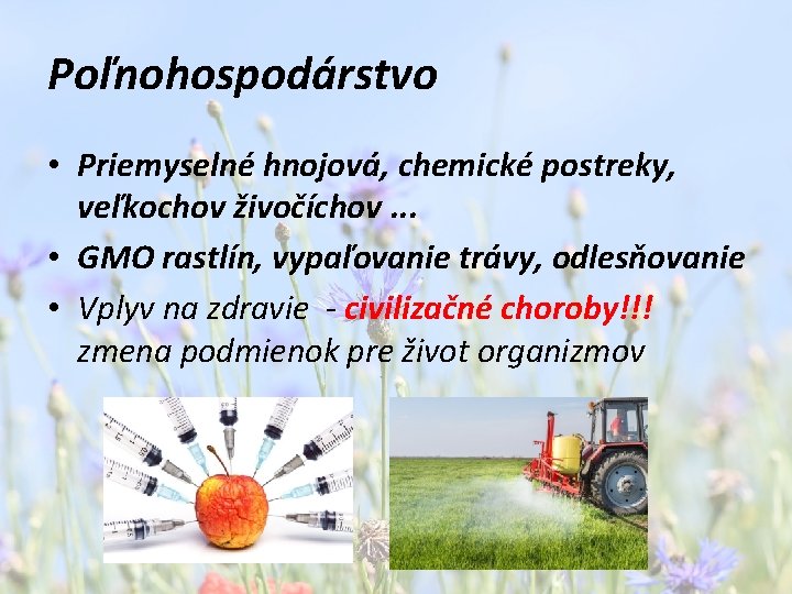 Poľnohospodárstvo • Priemyselné hnojová, chemické postreky, veľkochov živočíchov. . . • GMO rastlín, vypaľovanie