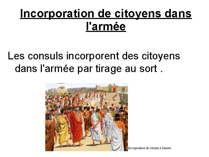 Incorporation de citoyens dans l'armée Les consuls incorporent des citoyens dans l'armée par tirage