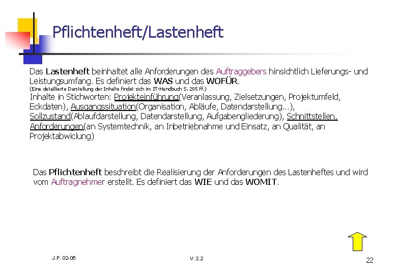 Pflichtenheft/Lastenheft Das Lastenheft beinhaltet alle Anforderungen des Auftraggebers hinsichtlich Lieferungs- und Leistungsumfang. Es definiert