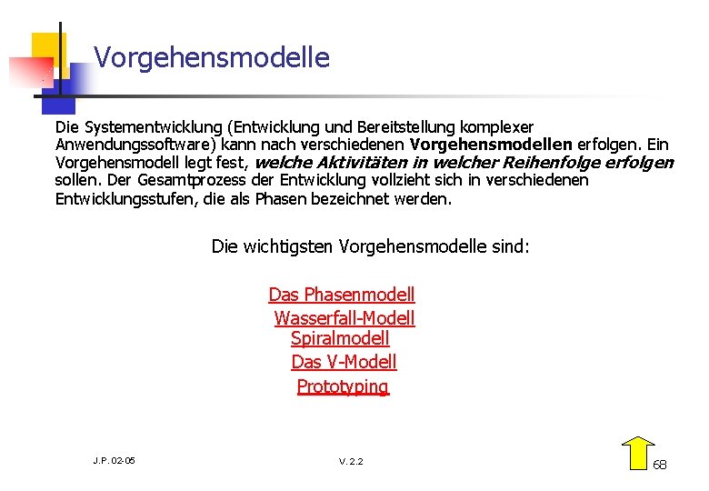 Vorgehensmodelle Die Systementwicklung (Entwicklung und Bereitstellung komplexer Anwendungssoftware) kann nach verschiedenen Vorgehensmodellen erfolgen. Ein