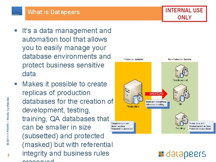 © 2011 IT PEERS – Strictly Confidential What is Datapeers 2 § It’s a