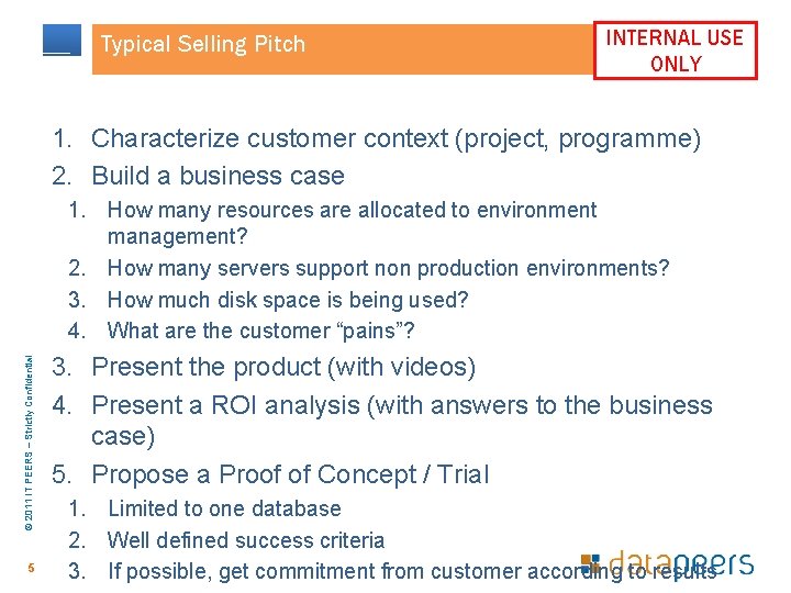 Typical Selling Pitch INTERNAL USE ONLY 1. Characterize customer context (project, programme) 2. Build