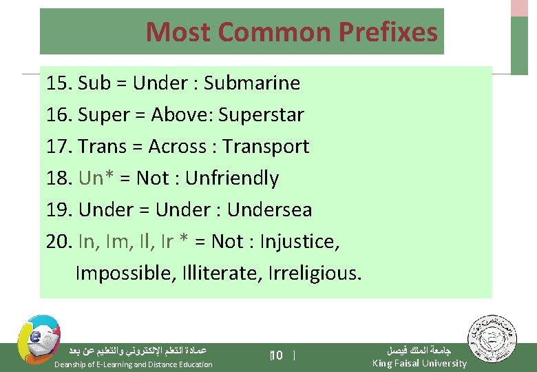 Most Common Prefixes 15. Sub = Under : Submarine 16. Super = Above: Superstar