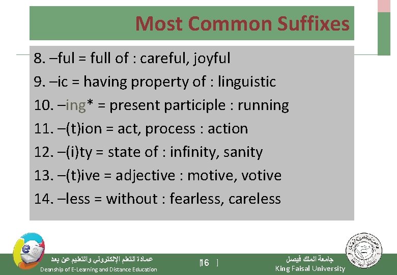 Most Common Suffixes 8. –ful = full of : careful, joyful 9. –ic =