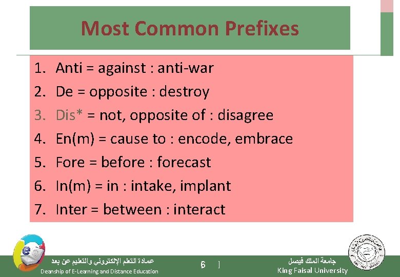 Most Common Prefixes 1. 2. 3. 4. 5. 6. 7. Anti = against :