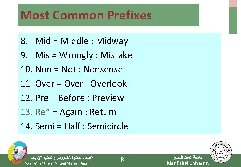 Most Common Prefixes 8. Mid = Middle : Midway 9. Mis = Wrongly :