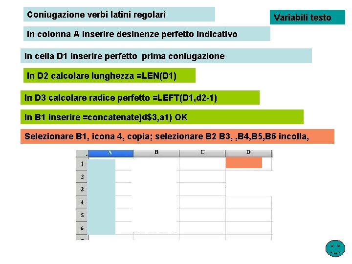 Coniugazione verbi latini regolari Variabili testo In colonna A inserire desinenze perfetto indicativo In