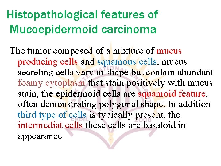Histopathological features of Mucoepidermoid carcinoma The tumor composed of a mixture of mucus producing