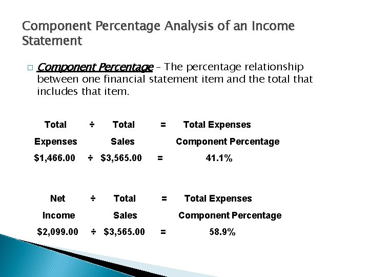 Component Percentage Analysis of an Income Statement � Component Percentage – The percentage relationship