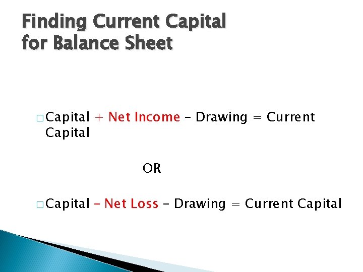 Finding Current Capital for Balance Sheet � Capital + Net Income – Drawing =
