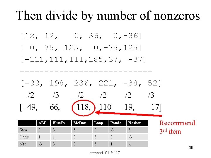 Then divide by number of nonzeros [12, 0, 36, 0, -36] [ 0, 75,