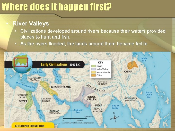 Where does it happen first? • River Valleys • Civilizations developed around rivers because Where does it happen first? • River Valleys • Civilizations developed around rivers because
