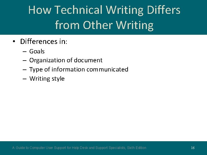 How Technical Writing Differs from Other Writing • Differences in: – – Goals Organization How Technical Writing Differs from Other Writing • Differences in: – – Goals Organization