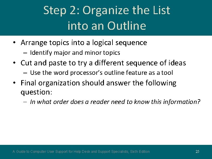 Step 2: Organize the List into an Outline • Arrange topics into a logical Step 2: Organize the List into an Outline • Arrange topics into a logical