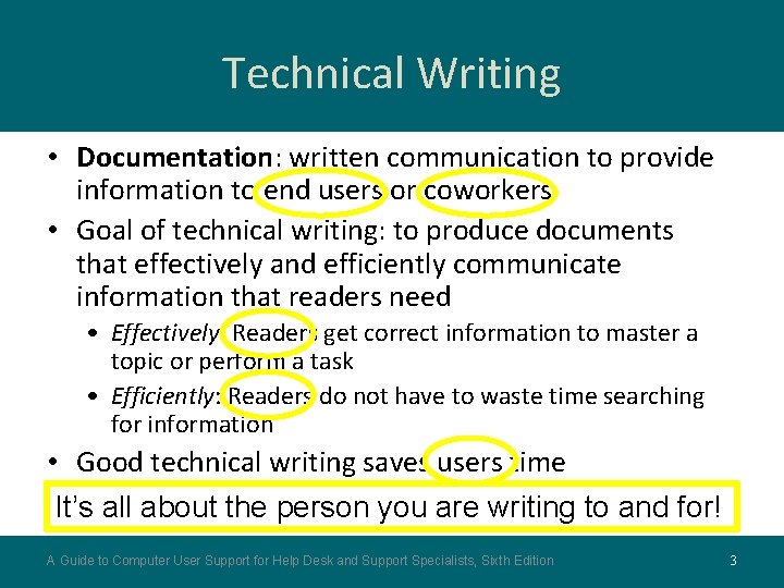 Technical Writing • Documentation: written communication to provide information to end users or coworkers Technical Writing • Documentation: written communication to provide information to end users or coworkers