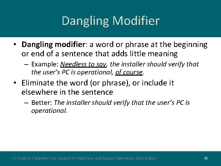 Dangling Modifier • Dangling modifier: a word or phrase at the beginning or end Dangling Modifier • Dangling modifier: a word or phrase at the beginning or end