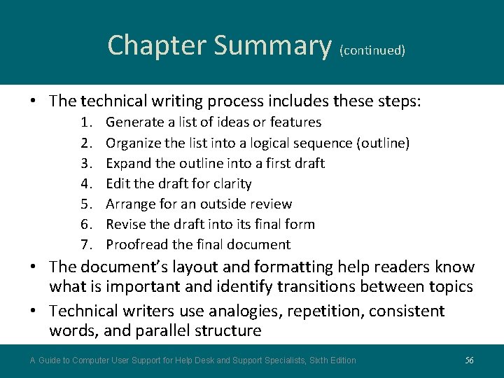 Chapter Summary (continued) • The technical writing process includes these steps: 1. 2. 3. Chapter Summary (continued) • The technical writing process includes these steps: 1. 2. 3.