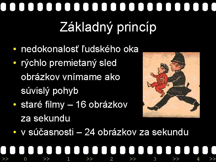 Základný princíp • nedokonalosť ľudského oka • rýchlo premietaný sled obrázkov vnímame ako súvislý