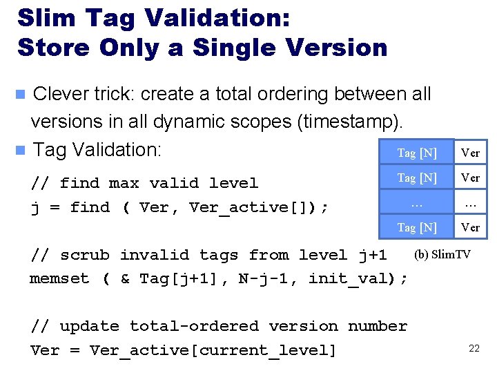 Slim Tag Validation: Store Only a Single Version Clever trick: create a total ordering Slim Tag Validation: Store Only a Single Version Clever trick: create a total ordering