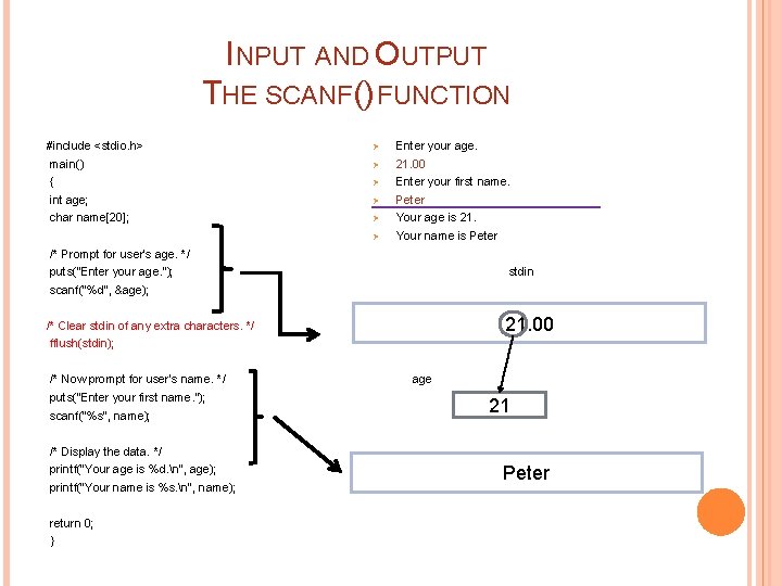 INPUT AND OUTPUT THE SCANF() FUNCTION #include <stdio. h> Ø Enter your age. main()