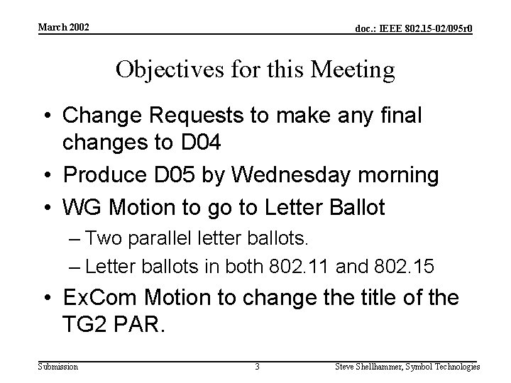 March 2002 doc. : IEEE 802. 15 -02/095 r 0 Objectives for this Meeting