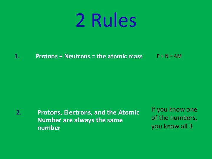 2 Rules 1. Protons + Neutrons = the atomic mass 2. Protons, Electrons, and