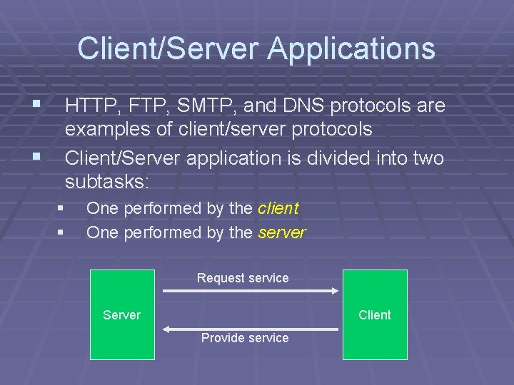 Client/Server Applications § HTTP, FTP, SMTP, and DNS protocols are § examples of client/server Client/Server Applications § HTTP, FTP, SMTP, and DNS protocols are § examples of client/server