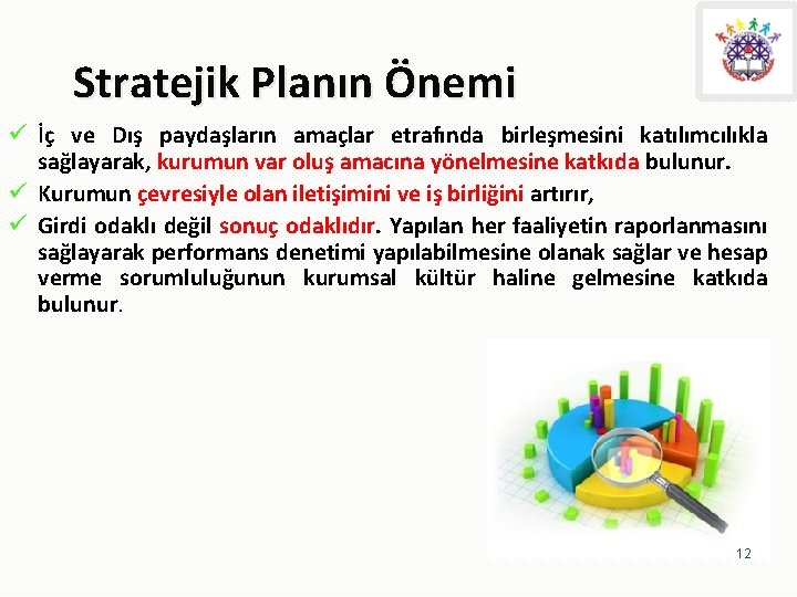 Stratejik Planın Önemi ü İç ve Dış paydaşların amaçlar etrafında birleşmesini katılımcılıkla sağlayarak, kurumun