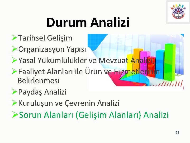 Durum Analizi ØTarihsel Gelişim ØOrganizasyon Yapısı ØYasal Yükümlülükler ve Mevzuat Analizi, ØFaaliyet Alanları ile