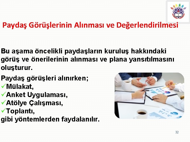 Paydaş Görüşlerinin Alınması ve Değerlendirilmesi Bu aşama öncelikli paydaşların kuruluş hakkındaki görüş ve önerilerinin