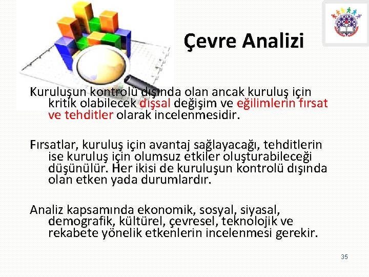 Çevre Analizi Kuruluşun kontrolü dışında olan ancak kuruluş için kritik olabilecek dışsal değişim ve