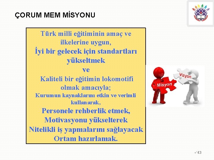 ÇORUM MEM MİSYONU Türk milli eğitiminin amaç ve ilkelerine uygun, İyi bir gelecek için