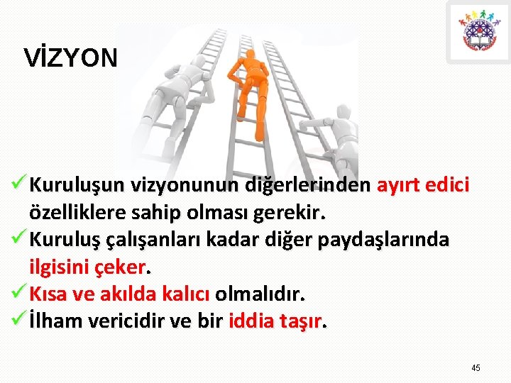 VİZYON ü Kuruluşun vizyonunun diğerlerinden ayırt edici özelliklere sahip olması gerekir. ü Kuruluş çalışanları