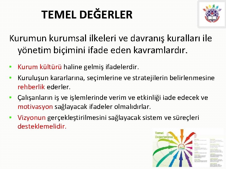 TEMEL DEĞERLER Kurumun kurumsal ilkeleri ve davranış kuralları ile yönetim biçimini ifade eden kavramlardır.