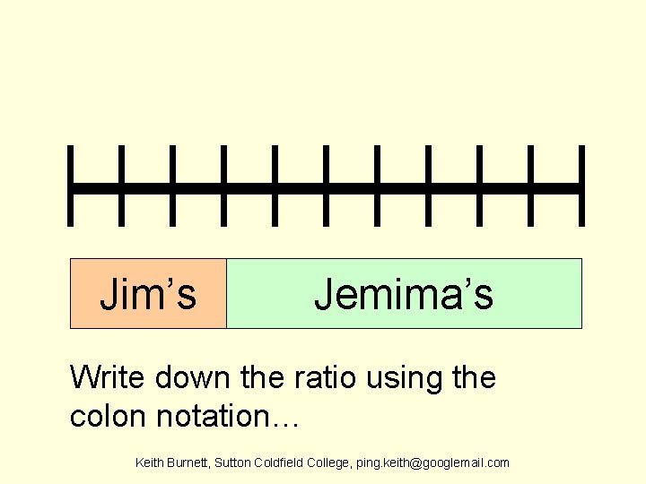 Jim’s Jemima’s Write down the ratio using the colon notation… Keith Burnett, Sutton Coldfield