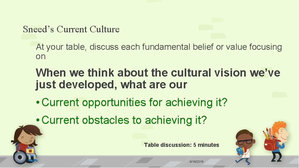 Sneed’s Current Culture At your table, discuss each fundamental belief or value focusing on