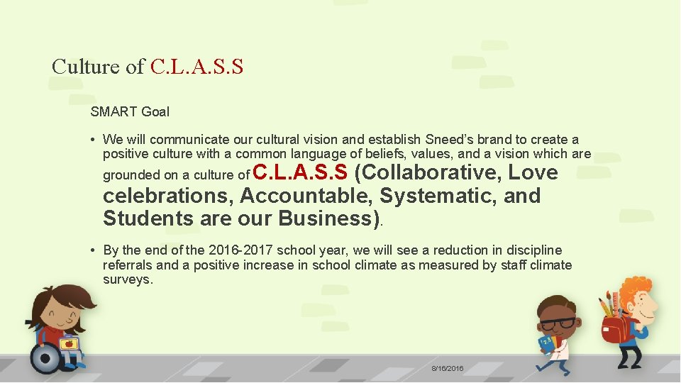 Culture of C. L. A. S. S SMART Goal • We will communicate our