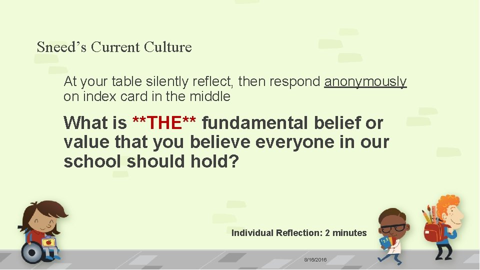 Sneed’s Current Culture At your table silently reflect, then respond anonymously on index card