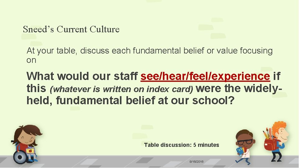 Sneed’s Current Culture At your table, discuss each fundamental belief or value focusing on