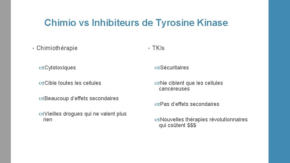Chimio vs Inhibiteurs de Tyrosine Kinase • Chimiothérapie • TKIs Cytotoxiques Sécuritaires Cible toutes