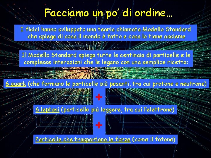 Facciamo un po’ di ordine… I fisici hanno sviluppato una teoria chiamata Modello Standard